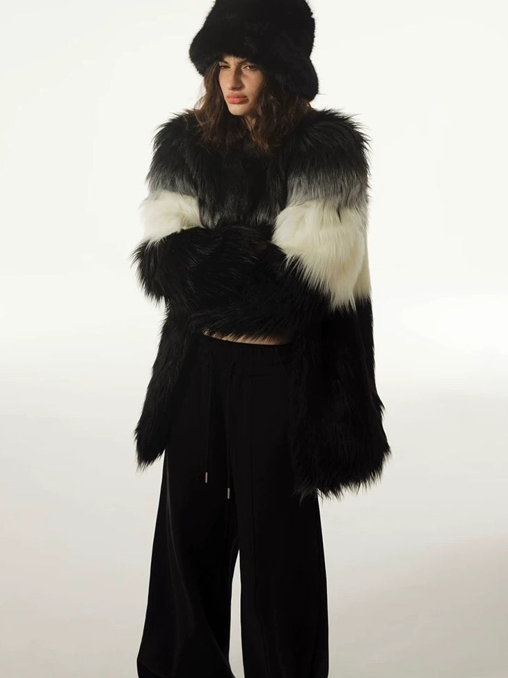 LoalaOffice Black White Gradient V Neck Zipper Pocket Mid Length Women Outerwear