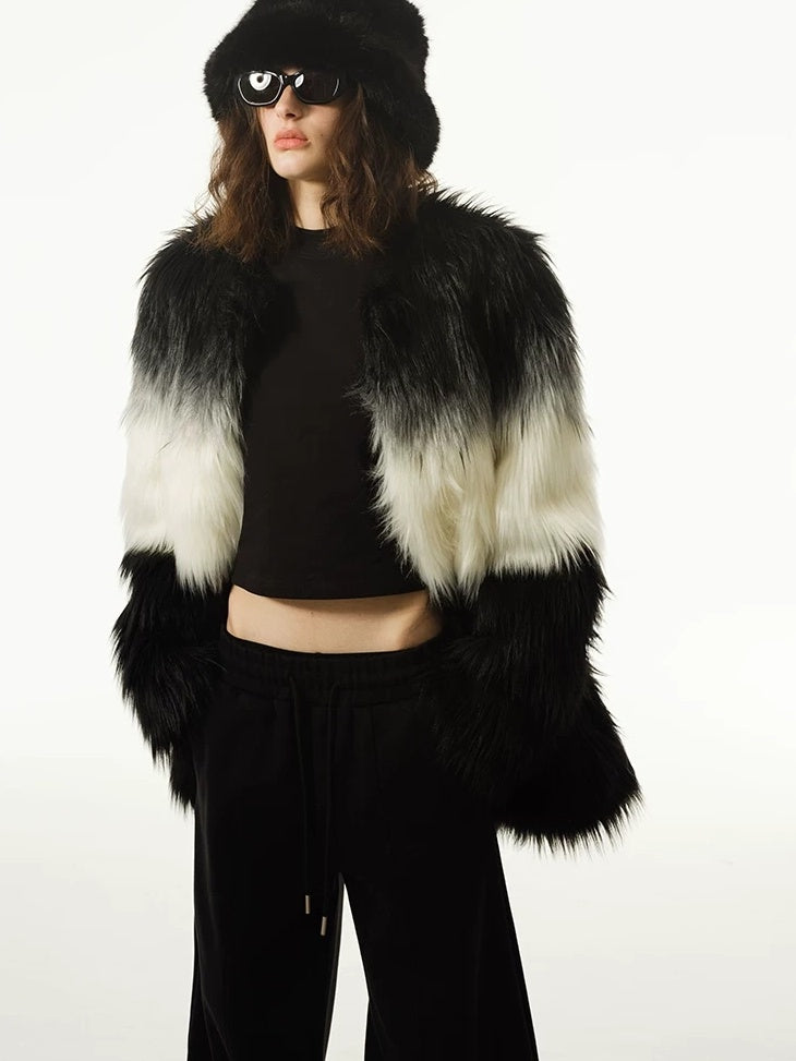 LoalaOffice Black White Gradient V Neck Zipper Pocket Mid Length Women Outerwear