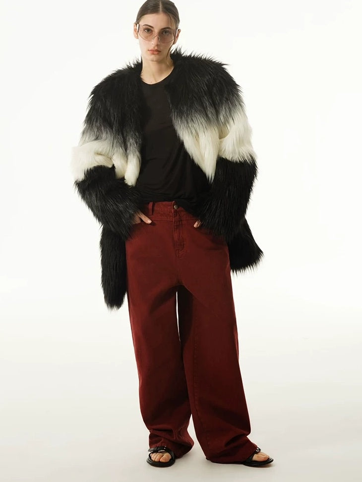 LoalaOffice Black White Gradient V Neck Zipper Pocket Mid Length Women Outerwear