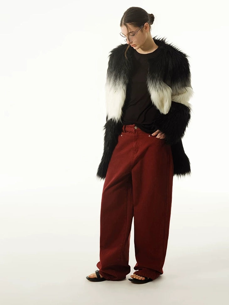 LoalaOffice Black White Gradient V Neck Zipper Pocket Mid Length Women Outerwear