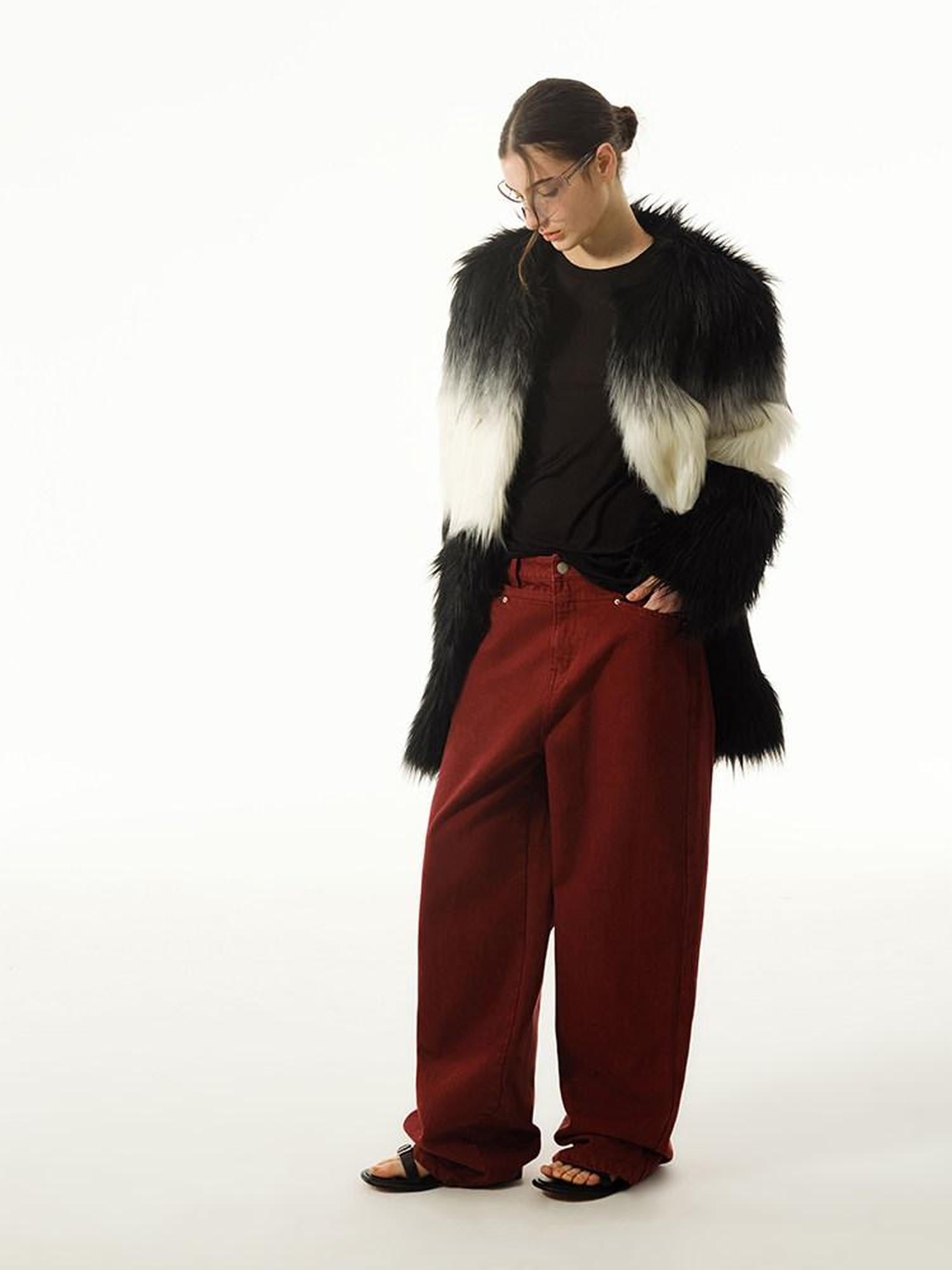 LoalaOffice Black White Gradient V Neck Zipper Pocket Mid Length Women Outerwear