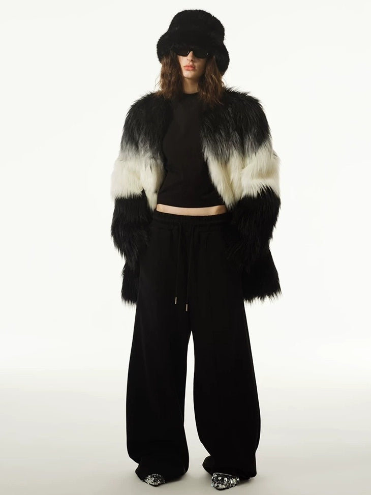 LoalaOffice Black White Gradient V Neck Zipper Pocket Mid Length Women Outerwear