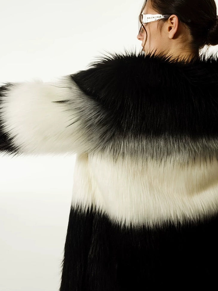 LoalaOffice Black White Gradient V Neck Zipper Pocket Mid Length Women Outerwear