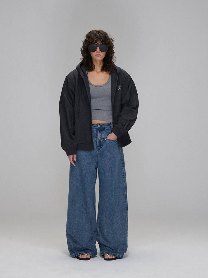 LoalaOffice Breathable Cotton Blend Hooded Zip Loose Fit Original Design Women Outerwear