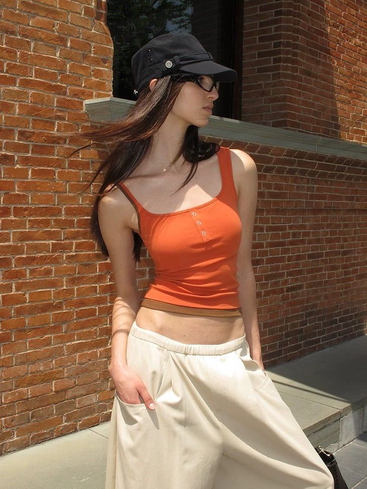 LoalaOffice Breathable Stretch Cotton Padded Patchwork Street Tank Women Layering Tops