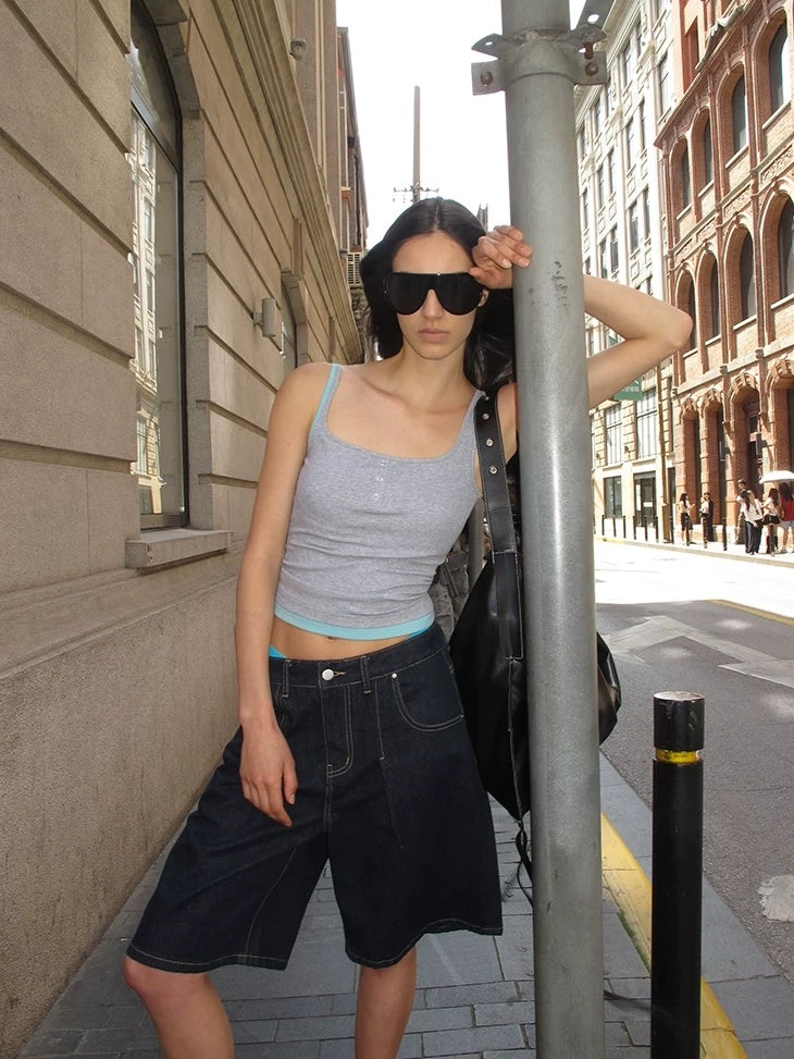 LoalaOffice Breathable Stretch Cotton Padded Patchwork Street Tank Women Layering Tops