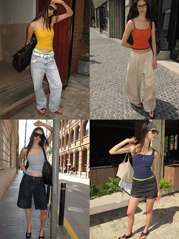 LoalaOffice Breathable Stretch Cotton Padded Patchwork Street Tank Women Layering Tops