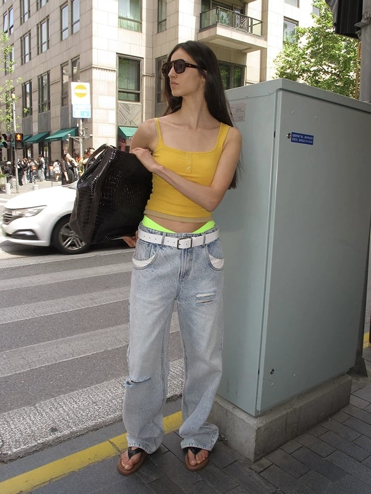 LoalaOffice Breathable Stretch Cotton Padded Patchwork Street Tank Women Layering Tops