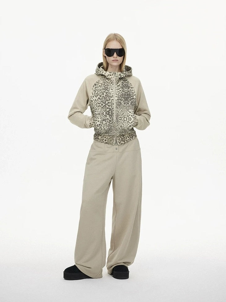 LoalaOffice Cotton Blend Leopard Print Relaxed Fit Office Women Zip Hoodie Tops