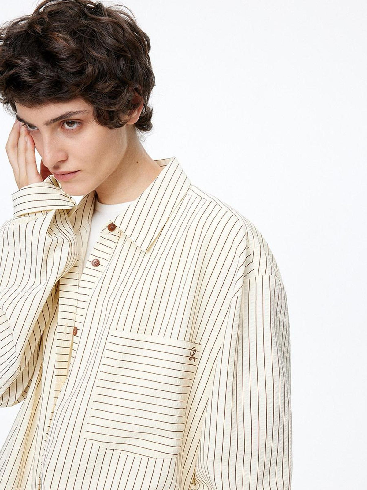 LoalaOffice Durable Loose Cotton Blend Striped Embroidered Collared Long Sleeve Women Tops
