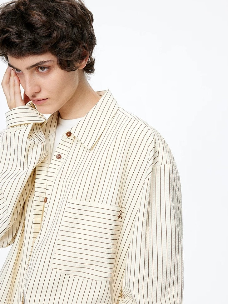 LoalaOffice Durable Loose Cotton Blend Striped Embroidered Collared Long Sleeve Women Tops