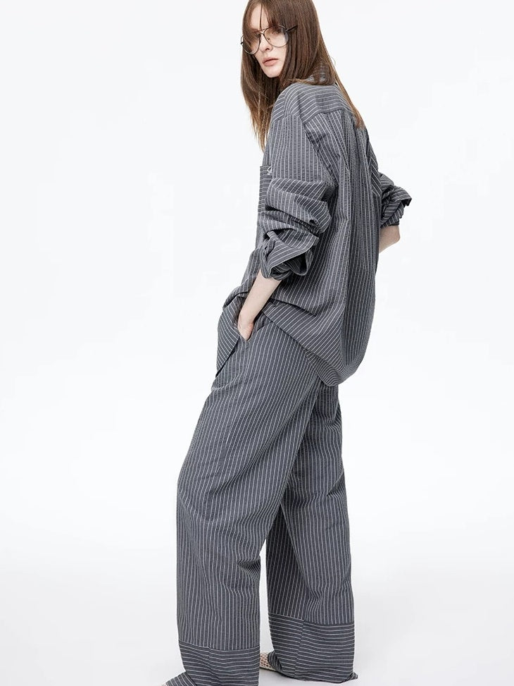 LoalaOffice Durable Loose Cotton Blend Striped Embroidered Collared Long Sleeve Women Tops