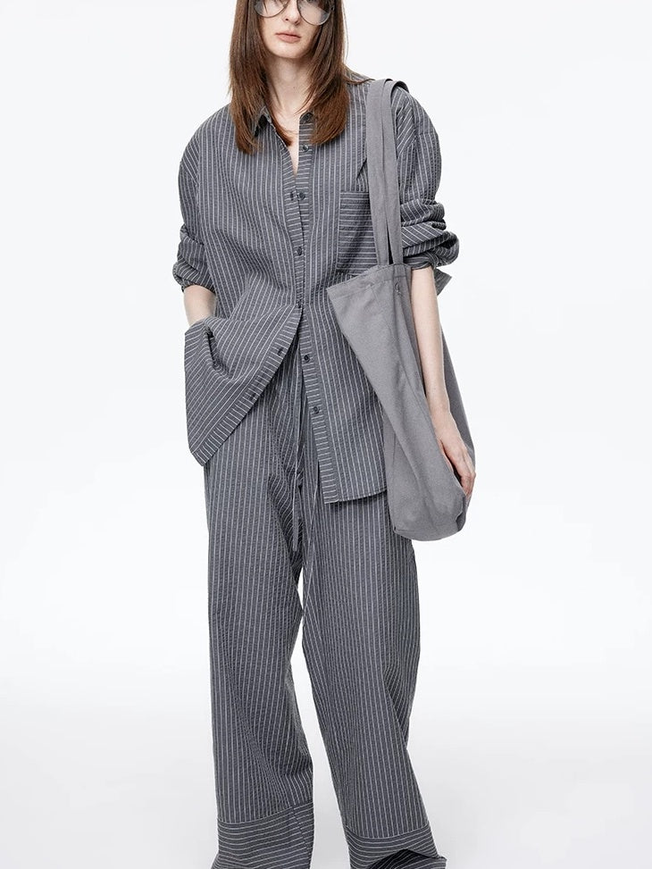 LoalaOffice Durable Loose Cotton Blend Striped Embroidered Collared Long Sleeve Women Tops
