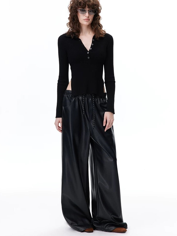 LoalaOffice High Rise Elastic Loose Straight Leg Women Pocketed Black Polyester Bottoms