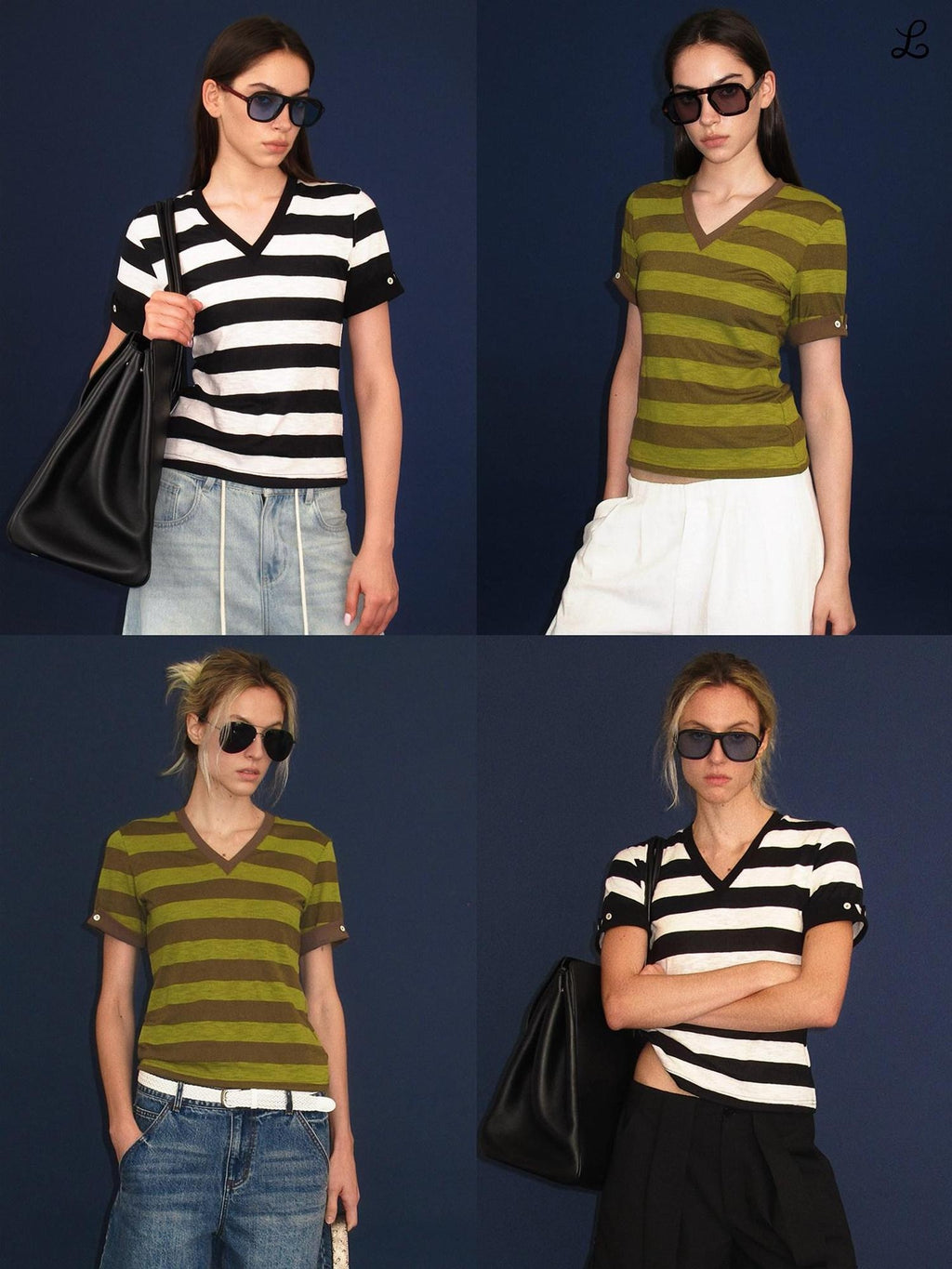 LoalaOffice Moisture Wicking Commuter Loose V Neck Short Sleeve Striped Cotton Blend Tops