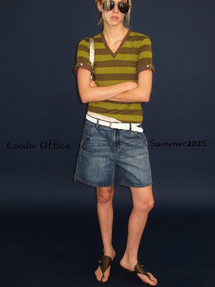 LoalaOffice Moisture Wicking Commuter Loose V Neck Short Sleeve Striped Cotton Blend Tops