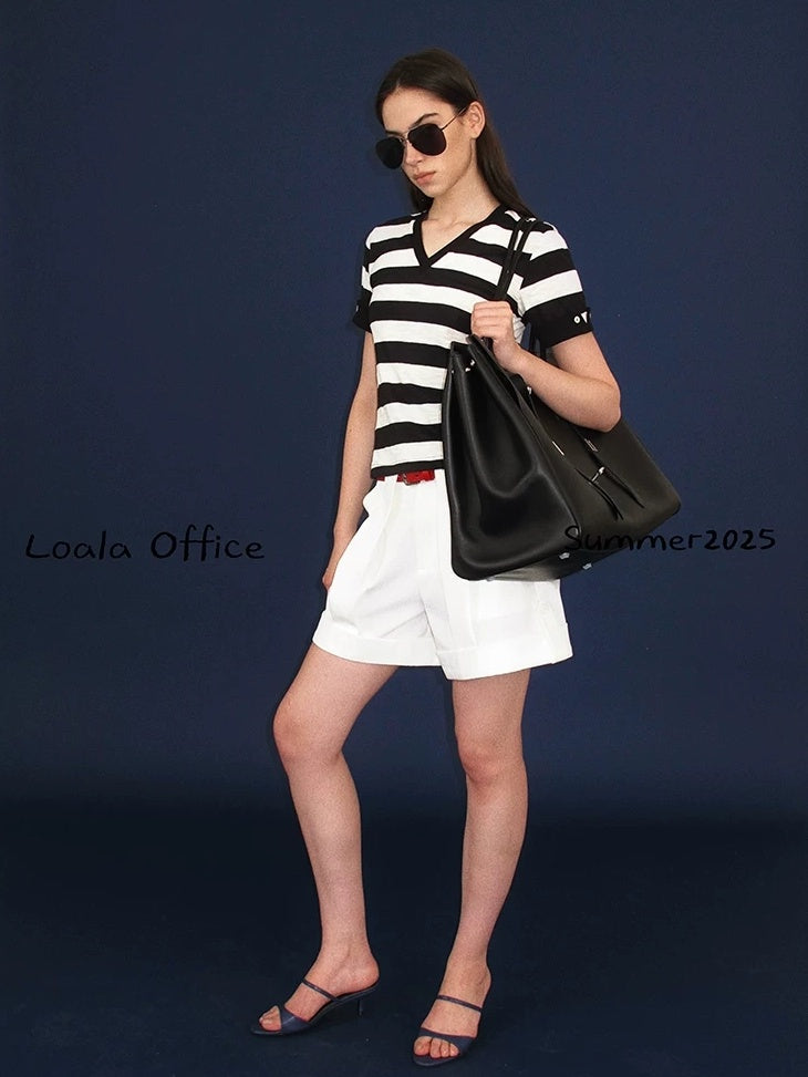 LoalaOffice Moisture Wicking Commuter Loose V Neck Short Sleeve Striped Cotton Blend Tops
