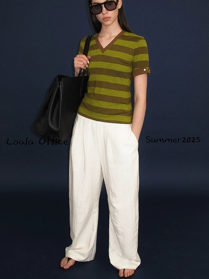 LoalaOffice Moisture Wicking Commuter Loose V Neck Short Sleeve Striped Cotton Blend Tops