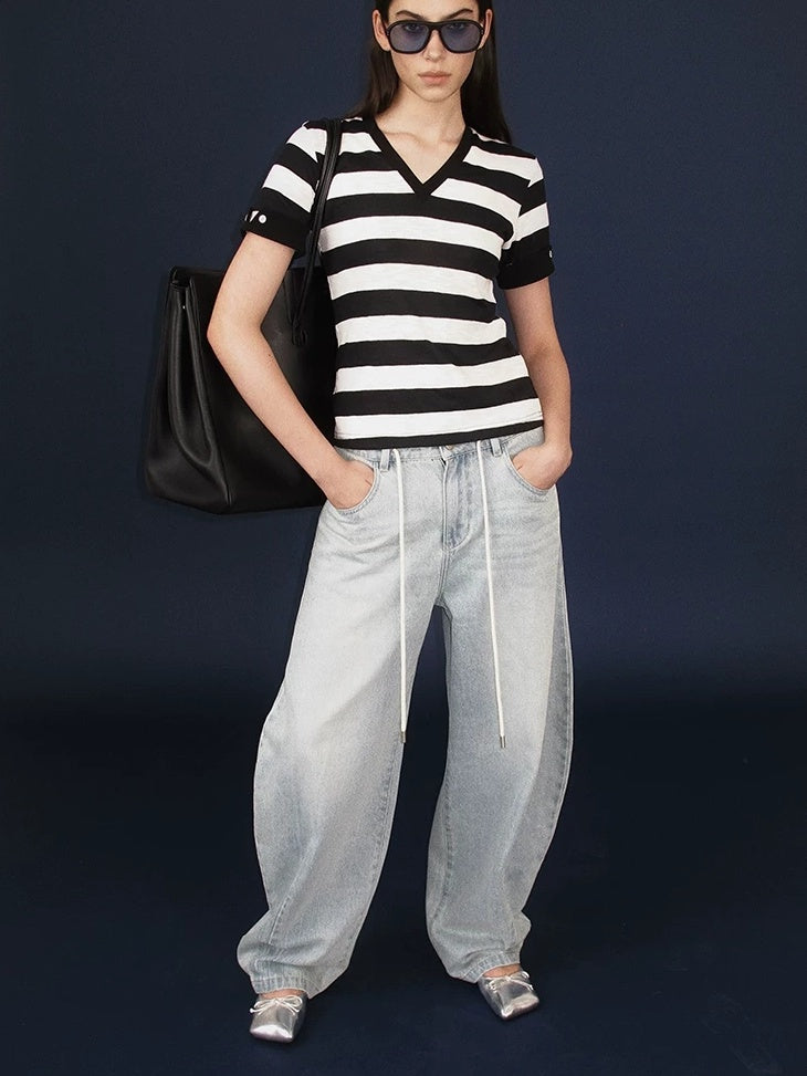 LoalaOffice Moisture Wicking Commuter Loose V Neck Short Sleeve Striped Cotton Blend Tops