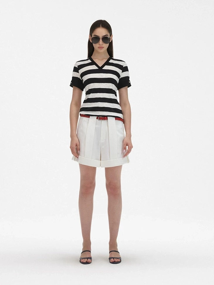 LoalaOffice Moisture Wicking Commuter Loose V Neck Short Sleeve Striped Cotton Blend Tops