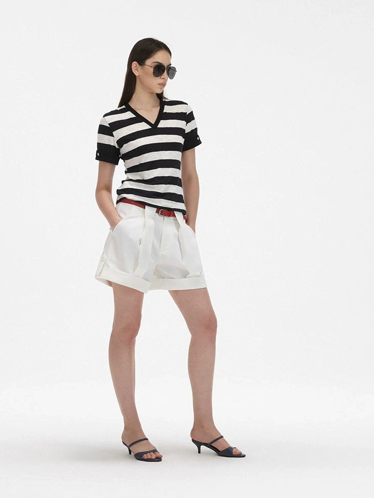LoalaOffice Moisture Wicking Commuter Loose V Neck Short Sleeve Striped Cotton Blend Tops