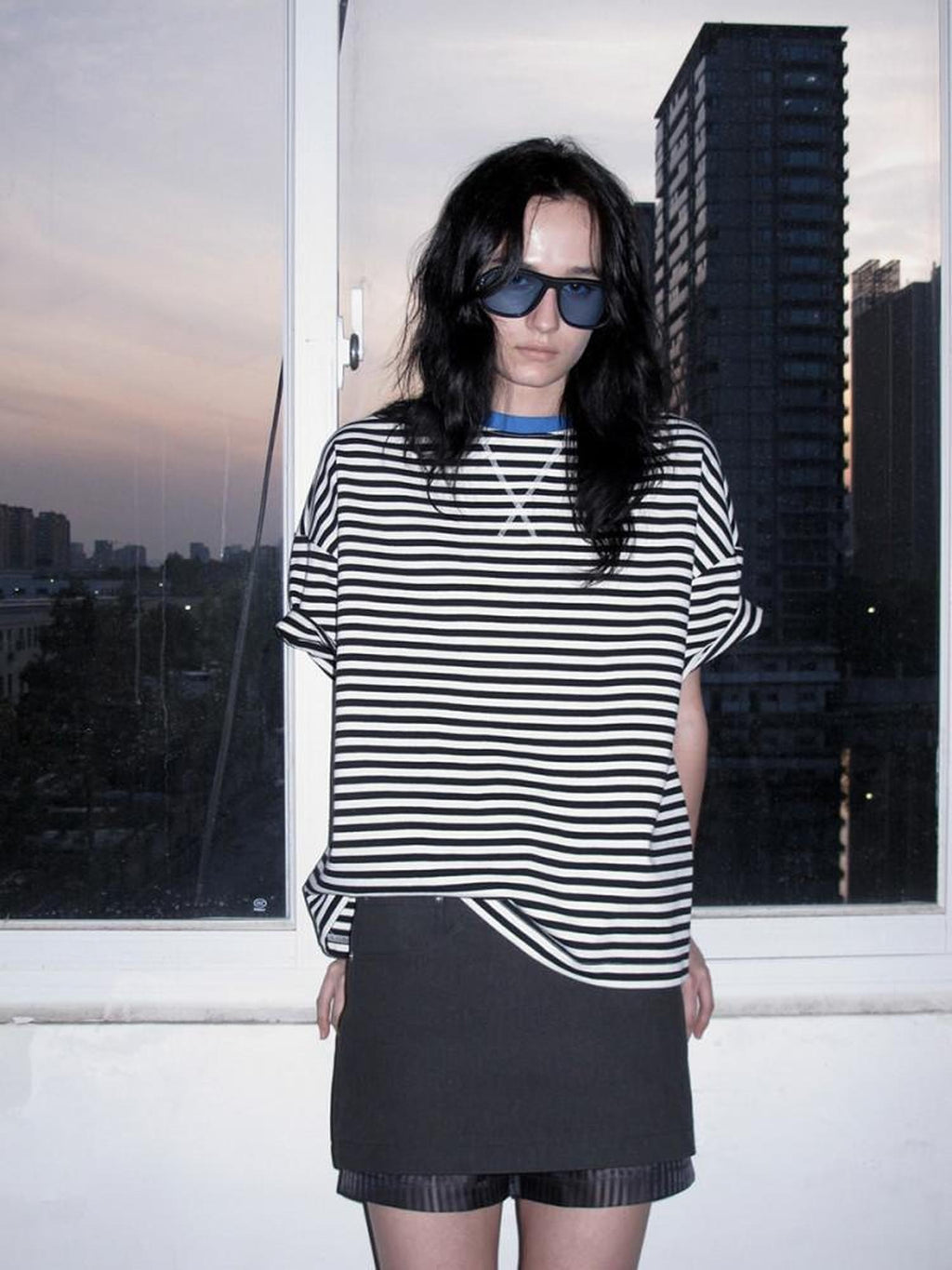 LoalaOffice Moisture Wicking Cotton Patchwork Loose Fit Street Striped Crew Long Sleeve Tops