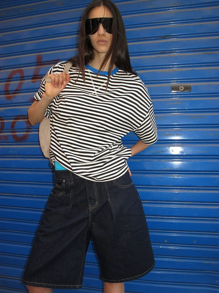 LoalaOffice Moisture Wicking Cotton Patchwork Loose Fit Street Striped Crew Long Sleeve Tops