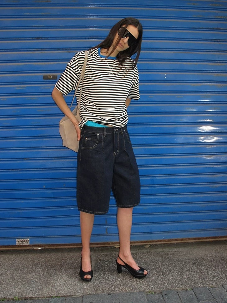 LoalaOffice Moisture Wicking Cotton Patchwork Loose Fit Street Striped Crew Long Sleeve Tops