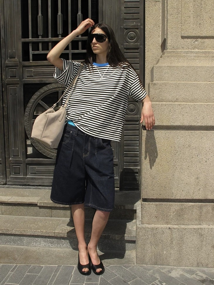 LoalaOffice Moisture Wicking Cotton Patchwork Loose Fit Street Striped Crew Long Sleeve Tops