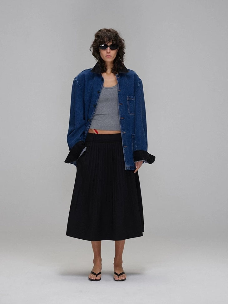 LoalaOffice Original Design Loose Colorblock Midlength Lapel Button Women Cotton Outerwear