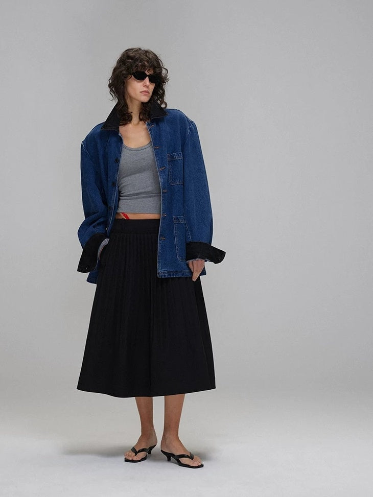 LoalaOffice Original Design Loose Colorblock Midlength Lapel Button Women Cotton Outerwear