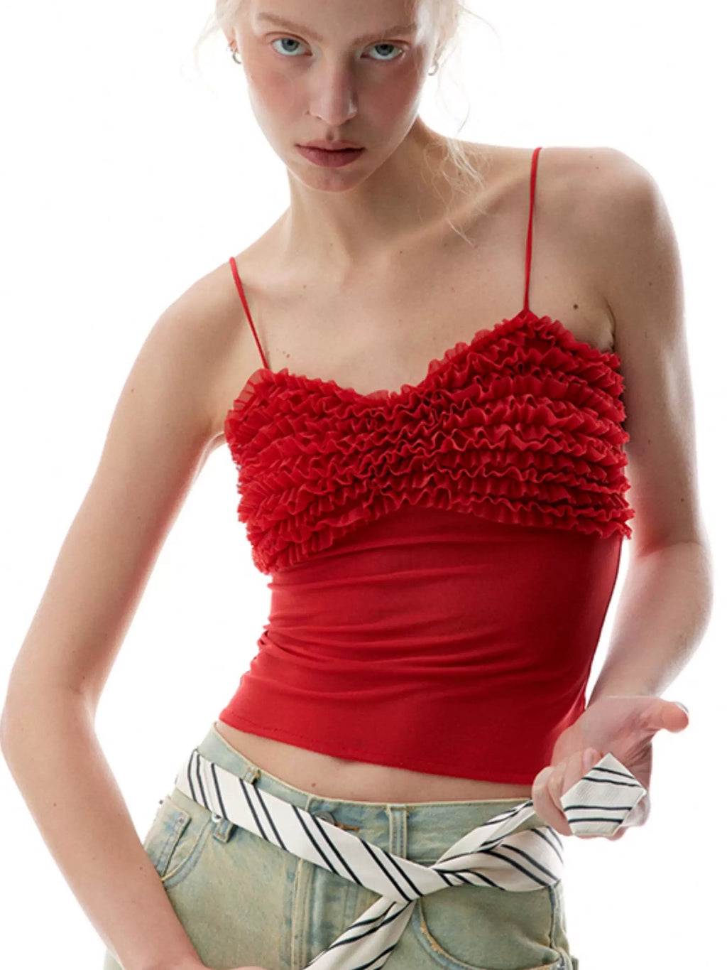 LoalaOffice Original Mesh Padded Lettuce Trim Fitted Cropped Camisole Women Tops
