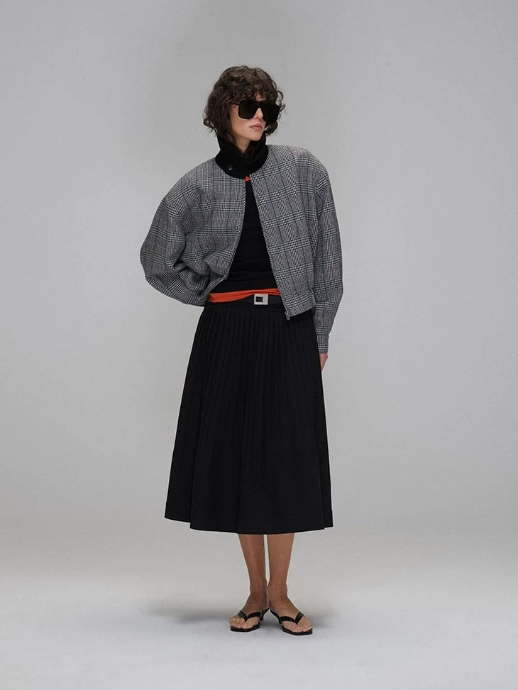 LoalaOffice Original Wool Blend Relaxed Short Zip Women Black White Houndstooth Outerwear