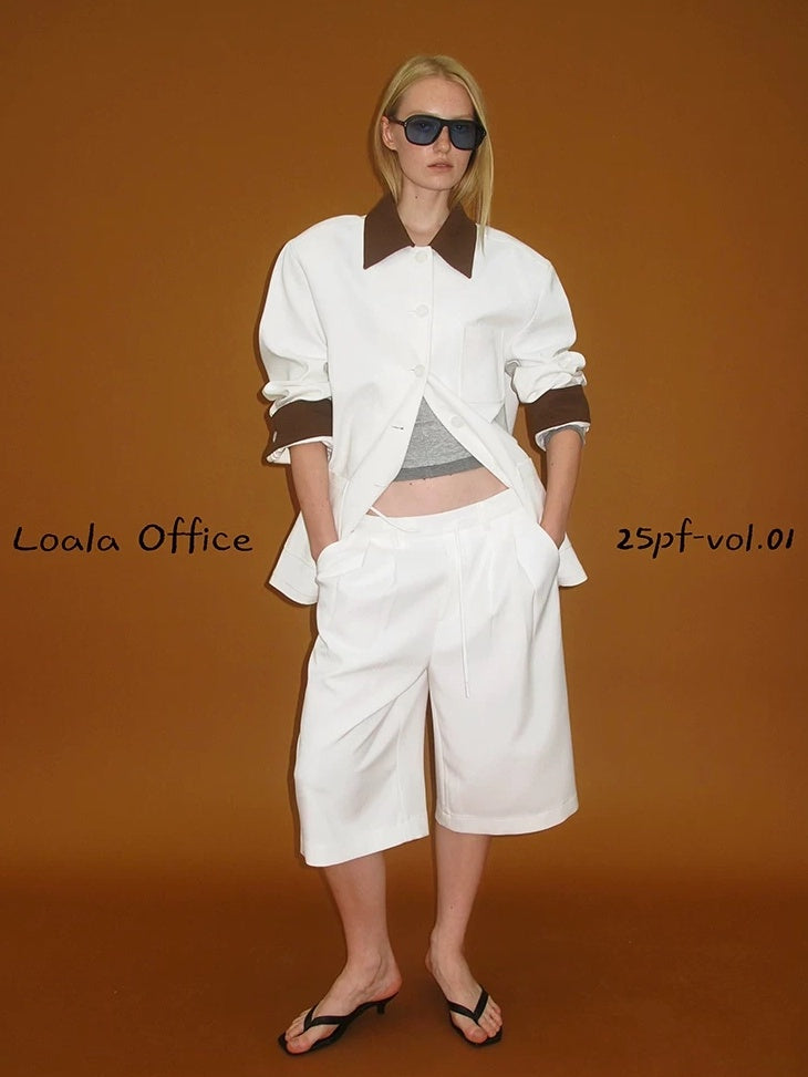 LoalaOffice Poly Rayon Blend Loose Straight Leg Drawstring Low Waist Women Pants Bottoms
