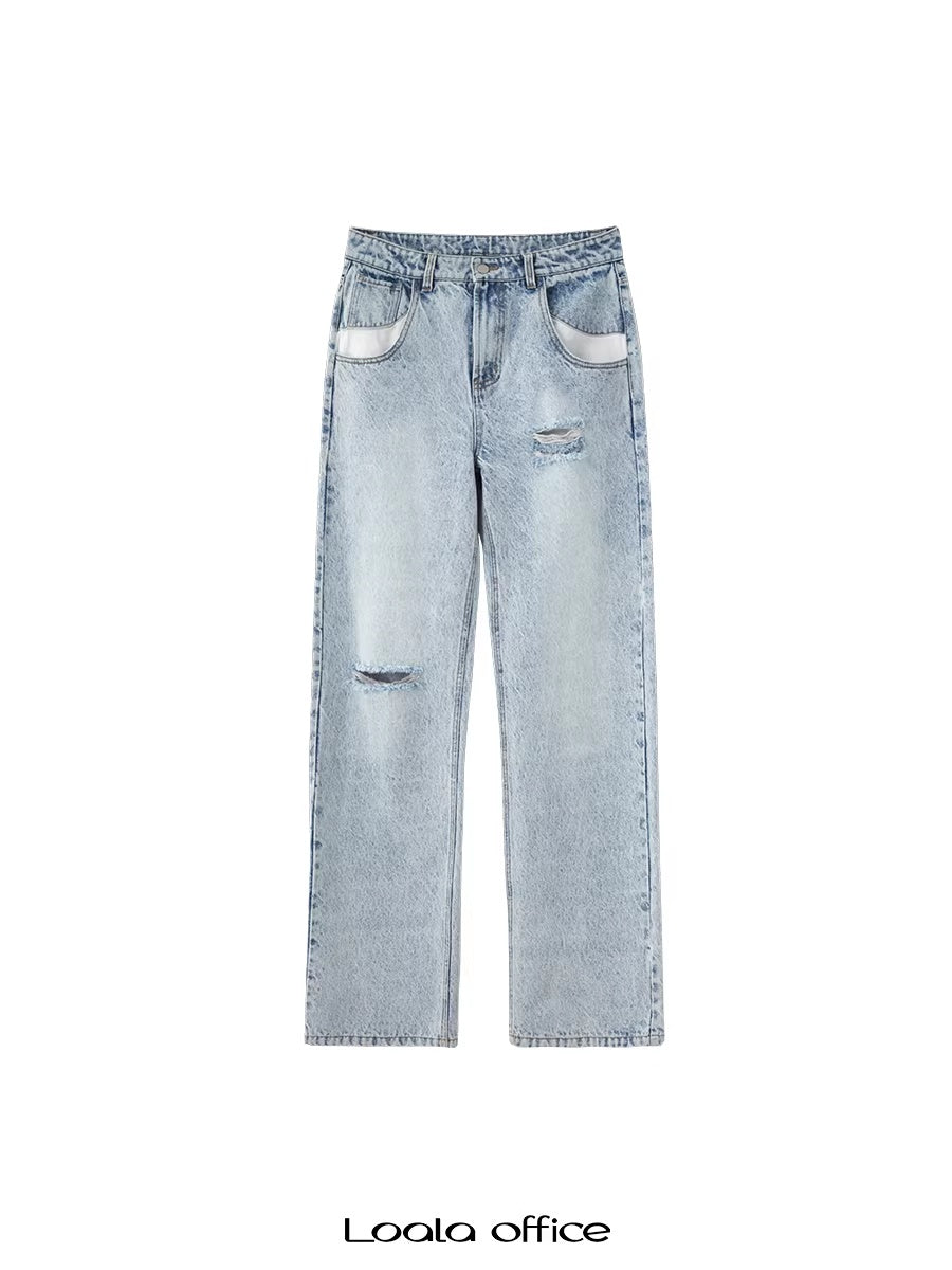 LoalaOffice_Ripped_Low_Rise_Straight_Leg_Casual_Light_Blue_Jeans_For_Women_Bottoms_MISSTT