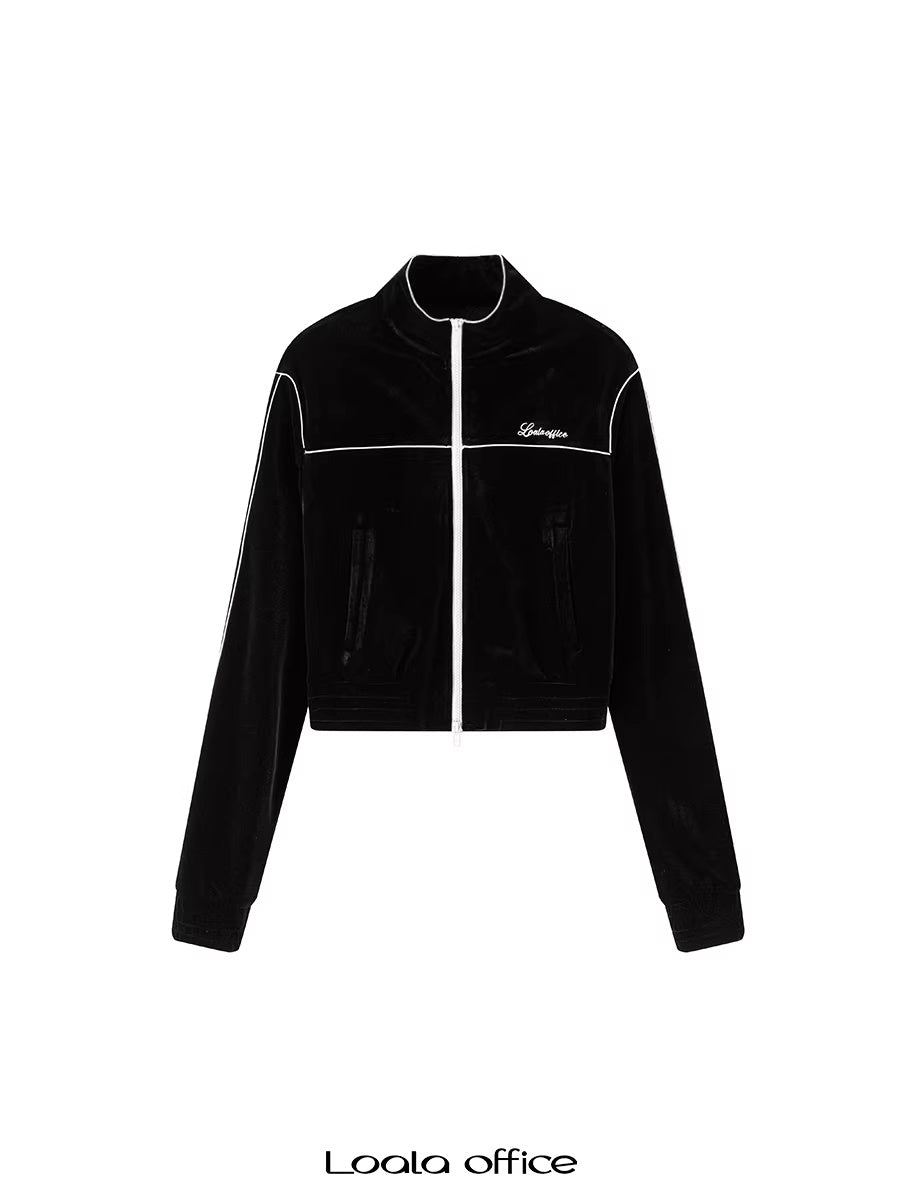 LoalaOffice_Shape_Retaining_Velvet_Short_Zip_Stand_Collar_Casual_Women_Jacket_Outerwear_MISSTT