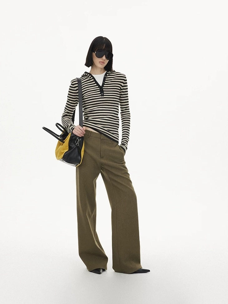 LoalaOffice Soft Acrylic Blend Knit Slim Fit V Neck Buttoned Long Sleeve Women Striped Tops