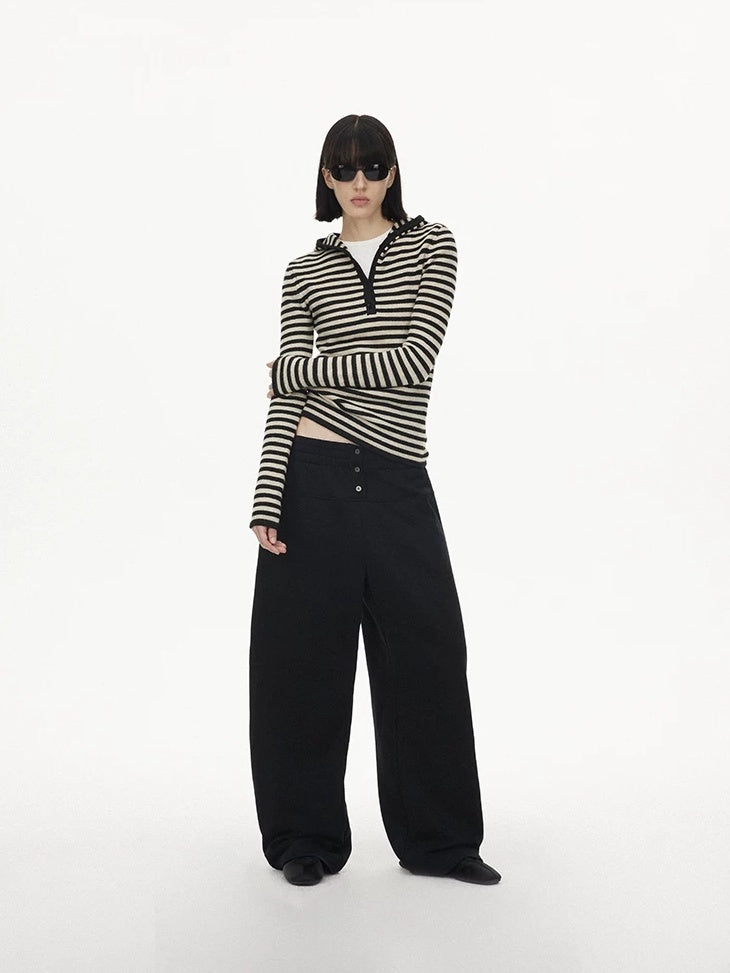 LoalaOffice Soft Acrylic Blend Knit Slim Fit V Neck Buttoned Long Sleeve Women Striped Tops