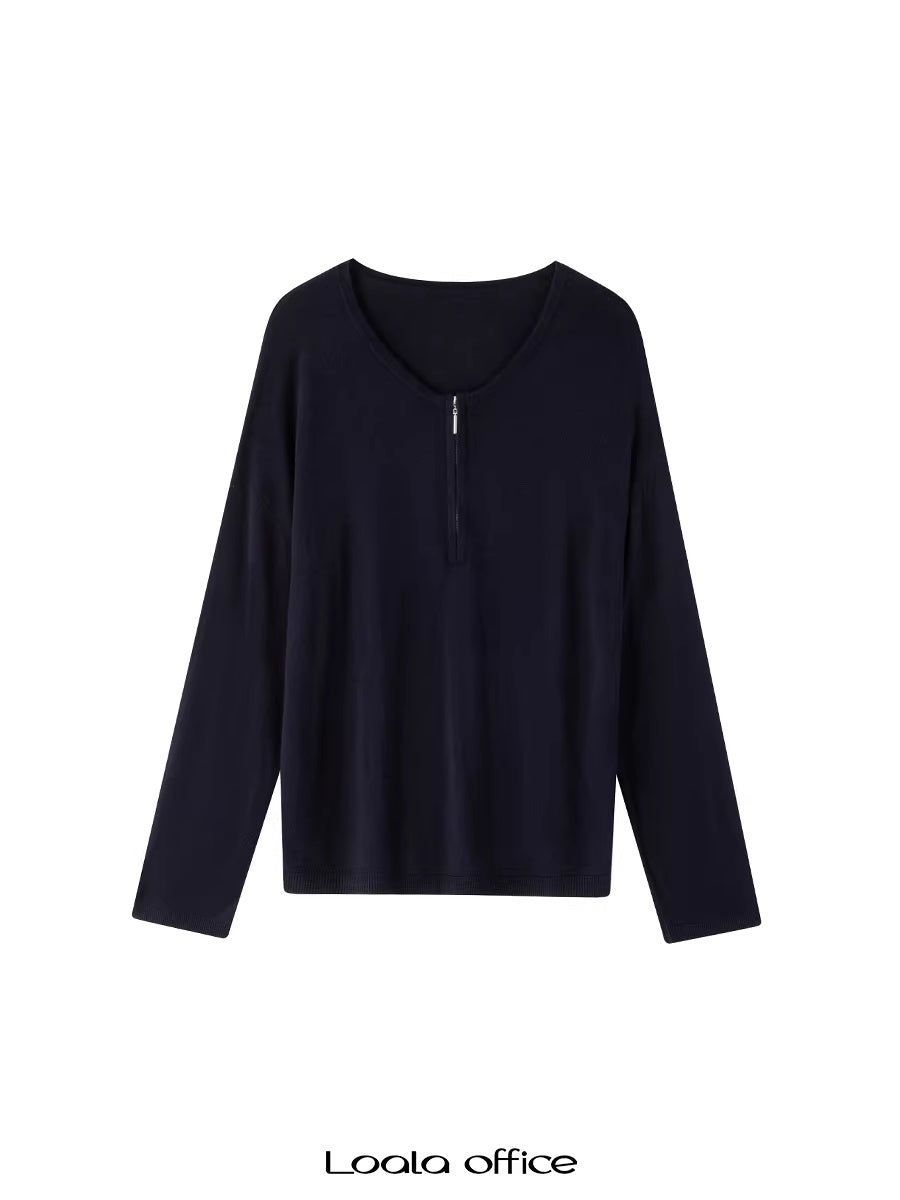 LoalaOffice_Soft_Stretch_Relaxed_Loose_Half_Open_Collar_Long_Sleeve_Casual_Women_Knit_Tops_MISSTT