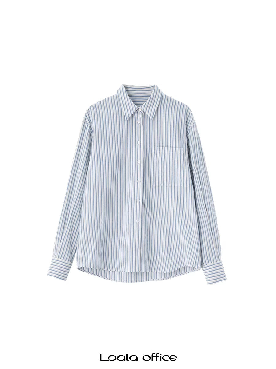 LoalaOffice_Soft_Viscose_Linen_Striped_Collared_Straight_Midlength_Women_Blouse_Tops_MISSTT