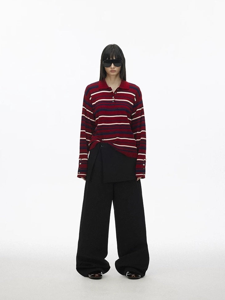 LoalaOffice Soft Wool Blend Striped Polo Knit Casual Long Sleeve Women Pullover Tops