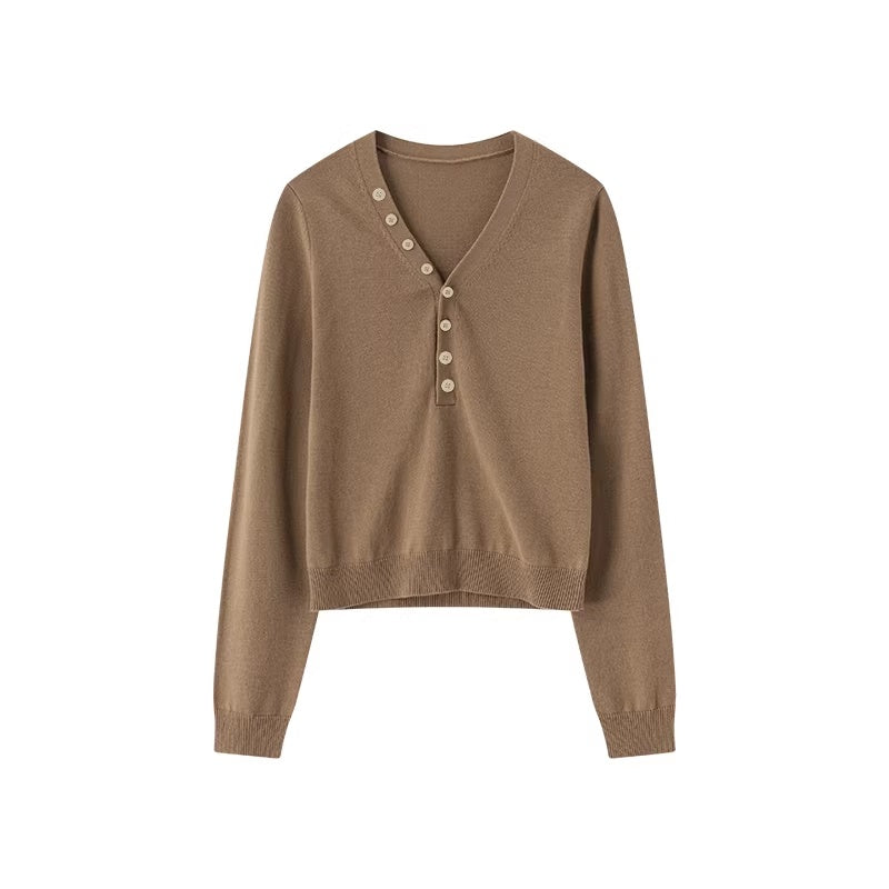LoalaOffice_Soft_Wool_Blend_V_Neck_Cropped_Buttoned_Knit_Women_Long_Sleeve_Solid_Tops_MISSTT