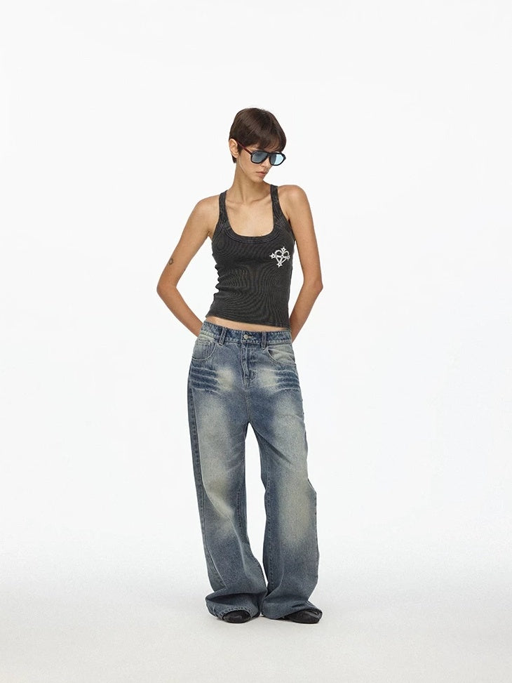 LoalaOffice Stretch Fitted Distressed Tank Printed Cotton Built In Bra Office Women Tops