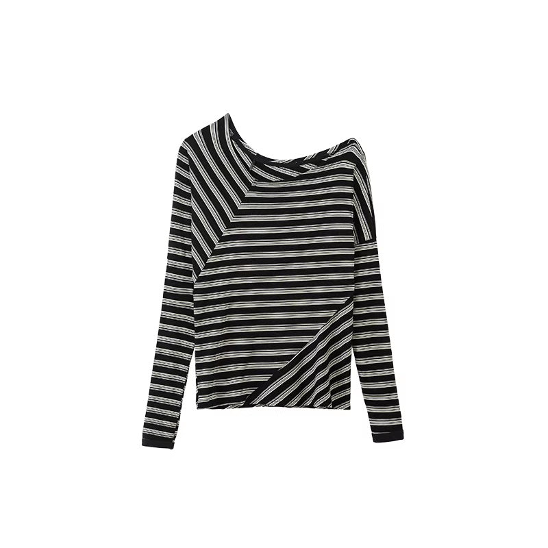 LoalaOffice_Stretch_Lyocell_Loose_Asymmetrical_Neckline_Women_Striped_Long_Sleeve_Tops_MISSTT