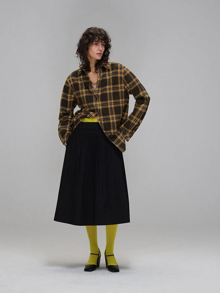 LoalaOffice Warm Original Design Loose Cotton Plaid Button Down Collared Women Tops