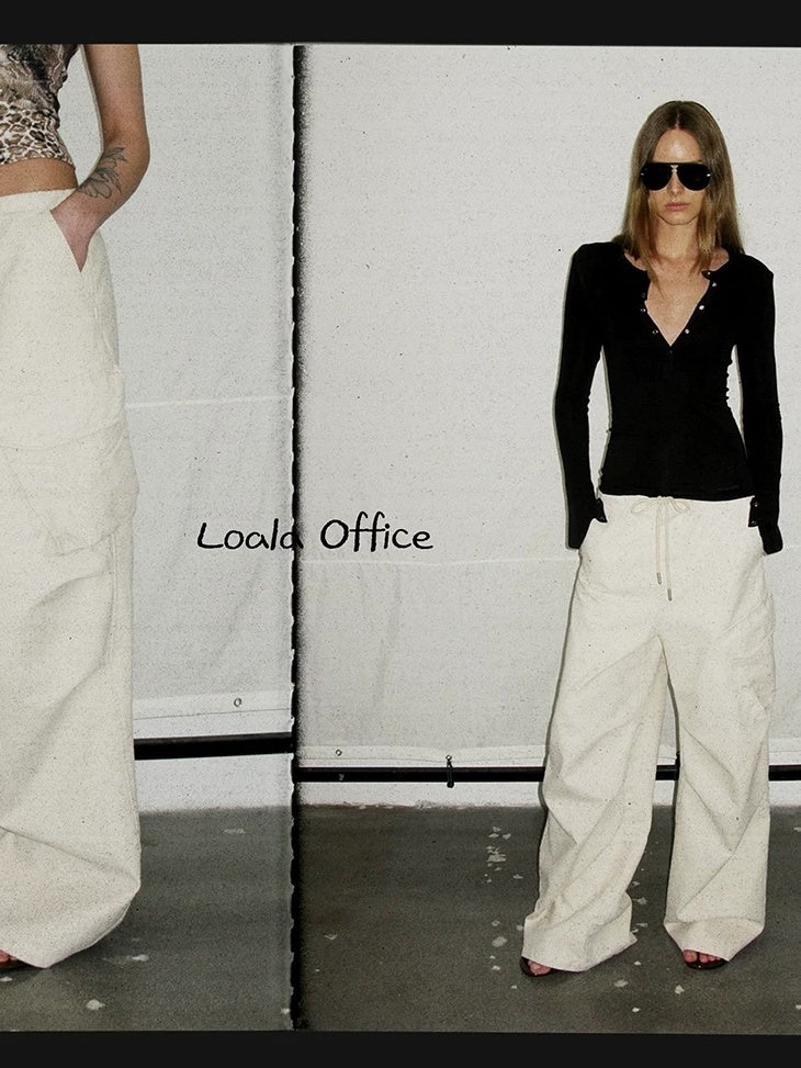LoalaOffice Washed Low Rise Drawstring Cargo Loose Fit Pockets Women Bottoms