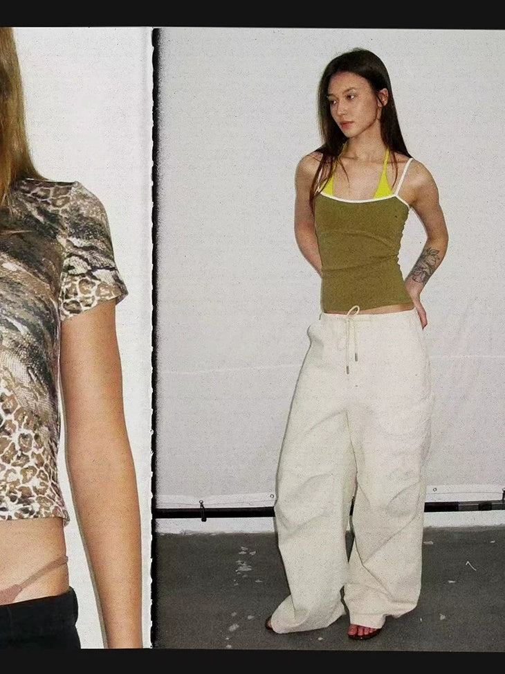 LoalaOffice Washed Low Rise Drawstring Cargo Loose Fit Pockets Women Bottoms