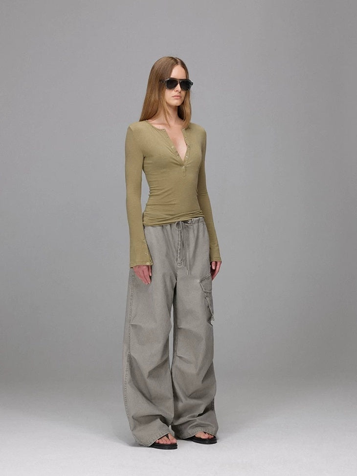 LoalaOffice Washed Low Rise Drawstring Cargo Loose Fit Pockets Women Bottoms