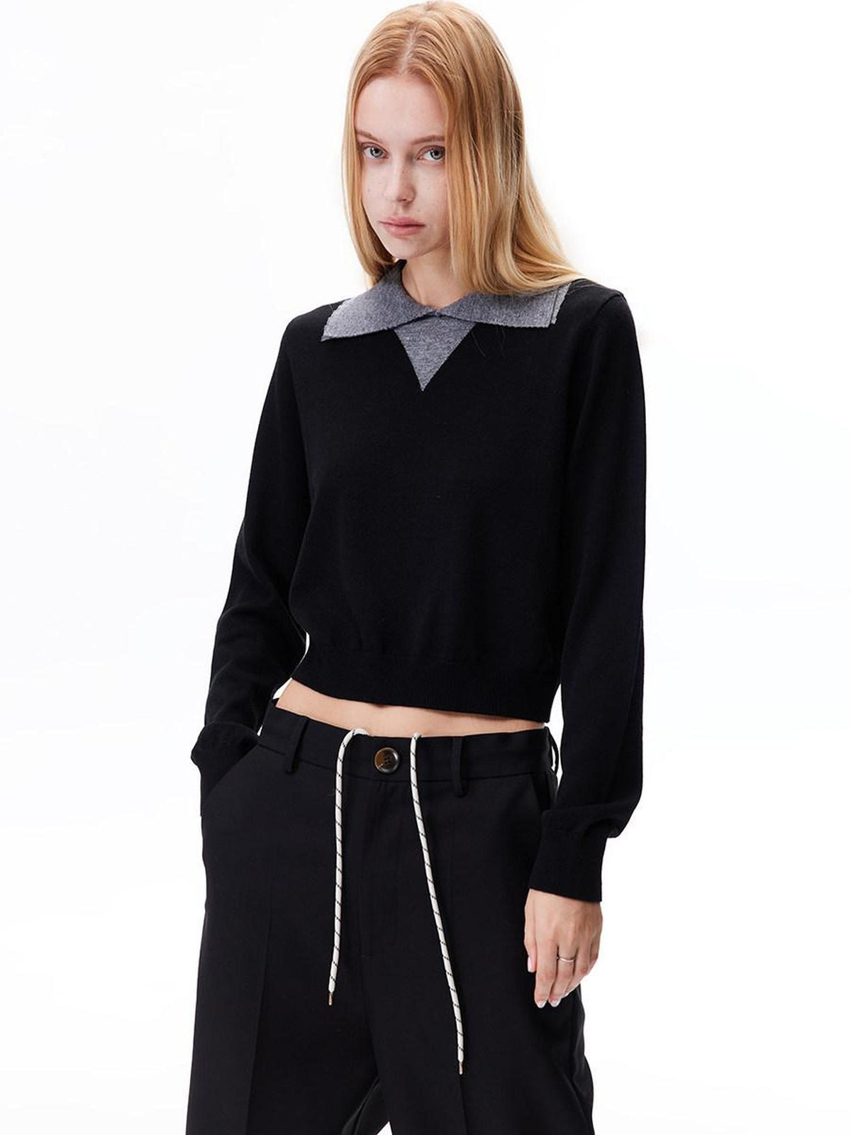 LoalaOffice Wool Blend Colorblock Collared Pullover Women Street Long Sleeve Tops