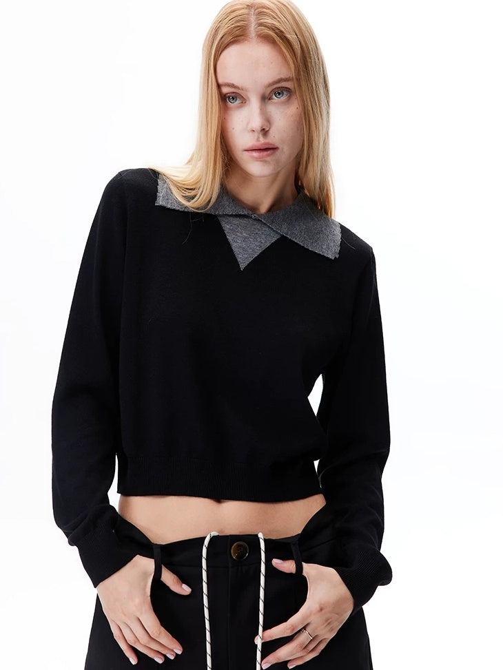 LoalaOffice Wool Blend Colorblock Collared Pullover Women Street Long Sleeve Tops